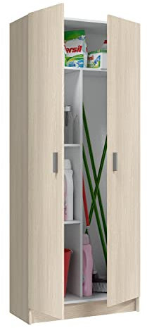 Habitdesign, Besenschrank mit 2 Türen und 3 Einlegeböden – hoher Mehrzweckschrank in Eiche-Optik für Haushalt, Küche oder Waschküche, Maße: 73 x 180 x 37 cm (B x H x T)