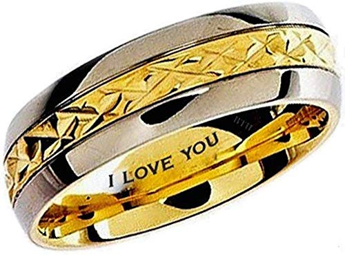 BESTTOHAVE Mens Titanium Ring -7mm Wide Engraved I Love You Classic Unisex Two Tone Wedding Engagement Comfort Fit Jewellery Band Ring - Size U