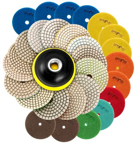 SPTA 15pcs Diamond Wet Polishing Pads Set, 4 inch, White, 50#-6000#, For Granite, Concrete, Marble, Stone, Tiles, With Floor Grinder or Polisher