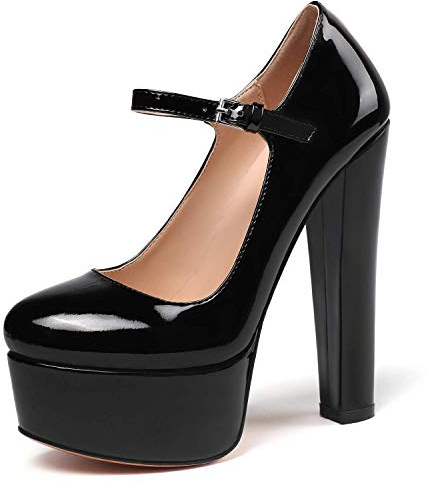 Elashe Escarpins Plateforme Femme, Sexy Bride Cheville Bout Rond fermé Talon Aiguille 15CM, Classique Soirée Mariage Escarpins Noir-VerniEU36