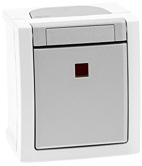 Aufputz Kontrollschalter/Ausschalter 2-polig beleuchtet Feuchtraum IP54, rot leuchtende Kalotte, Modell Pacific, grau