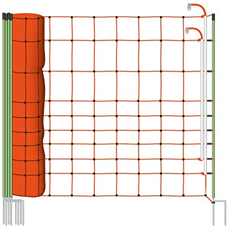 VOSS.farming Malla eléctrica para ovejas Plus/Minus, protección Especial contra Lobos, Rollo de 50m de Longitud y 120cm de Altura, 14 Postes con Punta Doble y Kit de reparación