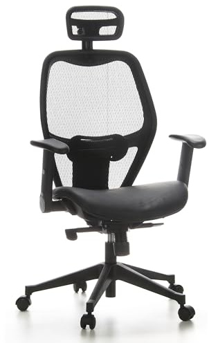 hjh OFFICE 653010 Profi Bürostuhl AIR-Port Leder Schwarz Drehstuhl mit Lordosenstütze, Armlehnen klappbar, Netzrücken