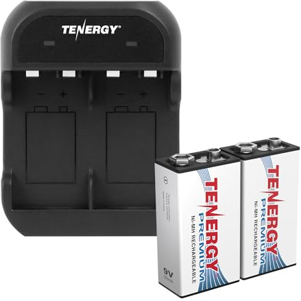 Tenergy TN141 2 Bay 9V Smart Charger with 2 Pack of Premium 9V NiMH 250mAh Rechargeable Batteries