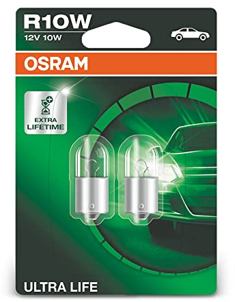 OSRAM ULTRA LIFE R10W, Lámpara halógena, luz trasera, luz de matrícula, de estacionamiento y de posición, 5008ULT-02B, automóvil de 12 V, ampolla doble (2 unidades)