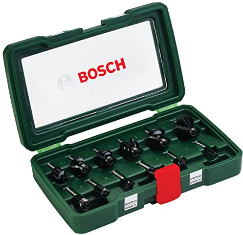 Bosch Set de 12 fresas de metal duro (para madera, vástago de 1/4, accesorios para fresadora)