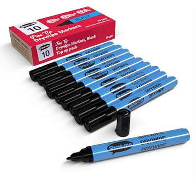 SHOW-ME - Whiteboard Markers | Drywipe, Erasable Black Fine Tip 1.2mm Line | Classroom Board Writing Pens with 3-Day Cap-off, Box of 10