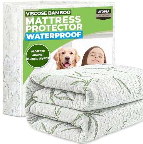 Utopia Bedding Waterproof Mattress Protector Full Size Bed, Premium 200 GSM Bamboo Viscose Cooling Mattress Cover, Soft and Breathable, Fitted Style with 15 Inches Deep Stretchable Pockets
