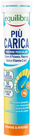 equilibra Integratori Alimentari, Più Carica, Integratore per la Normale Funzione Muscolare, con Potassio, Magnesio, Calcio, Vitamina C e Vitamina E, Gusto Lime, 20 Compresse Effervescenti