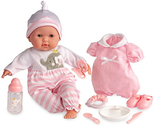 JC Toys- Berenguer Boutique 38 cm realistisk babytygdocka med öppen/stängd 10-delad presentset med flaska, skallra och tillbehör, rosa från 2 år