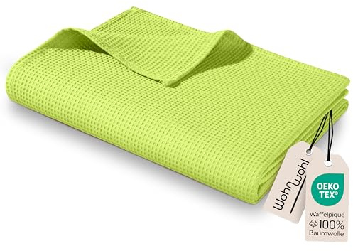 WOHNWOHL® Manta Ligera de algodón en Relieve (220 x 240 cm) • Manta de Verano • 100% algodón • Manta de sofá • Manta de fácil Cuidado • Colcha • Color: Verde