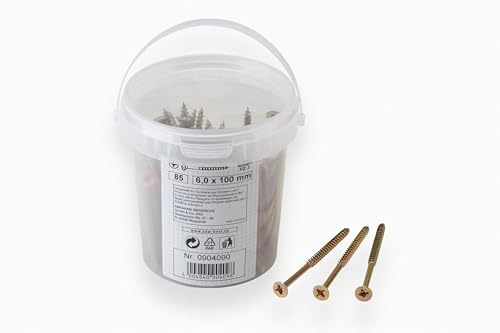 Meister Tornillos universales 6,0 x 100 mm – Juego de 85 unidades – Cabeza avellanada – PZ Pozidriv – Rosca parcial – Amarillo galvanizado/Juego de tornillos/Cubo / 904090