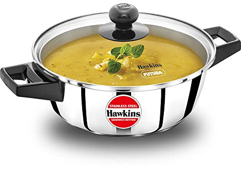 Hawkins 2 Litre Cook n Serve Casserole, Stainless Steel Saucepan with Glass Lid, Induction Pan, Sauce Pan for Cooking and Serving, Black (SSCB20G)