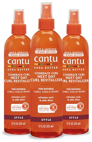 Cantu Comeback Curl Next Day Curl Revitalizer for Natural Hair with Pure Shea Butter, 12 fl oz (Pack of 3)
