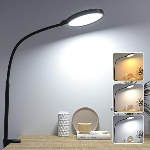Hensam LED Desk Lamp, Dimmable Desk Light with Clamp,Flexible Table Lamp for Home,Office,Bedroom,Sewing,Studying,Drawing,Work,10 Brightness Levels & 3 Color Temperatures,Clip on Lamp,Black