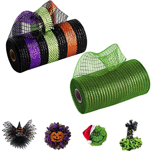 2 Rollos Cinta de Malla Halloween 25cm X 9m Cecorativa Deco Poly Mesh Ribbon,Negro/Púrpura/Verde/Naranja Juego de Malla Decorativa,Lámina Metálica para Manualidades,Hacer Coronas,Lazos y Guirnaldas