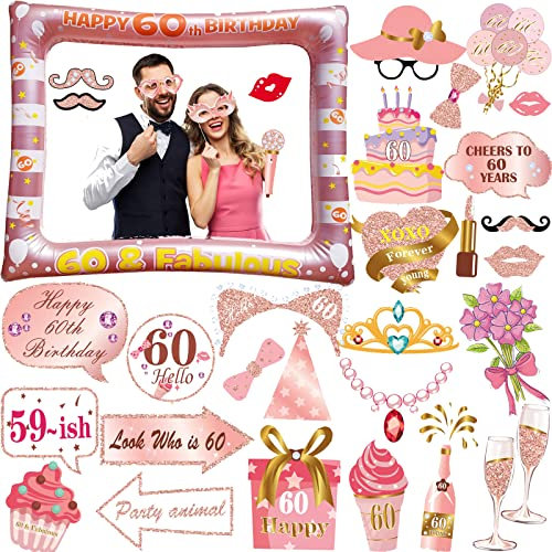 30 Stück 60. Geburtstag Deko Fotorequisiten, LMSHOWOWO Rosegold Aufblasbarer Bilderrahmen, 60 Geburtstag Foto Requisiten, Party Foto Booth Props, Geburtstag Fotobox Accessoires für Geburtstage Zubehör
