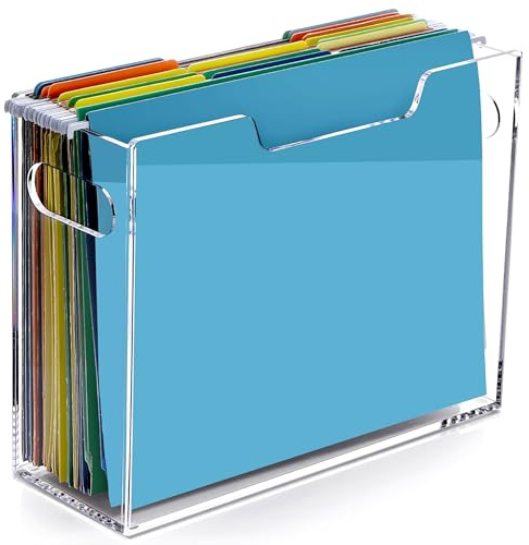DINGHUO Hanging File Box, Letter Size Acrylic Hanging File Organizer, Clear Portable File Storage Box with Handle, File Folder Holder for Desk Home Office School -1 Pack