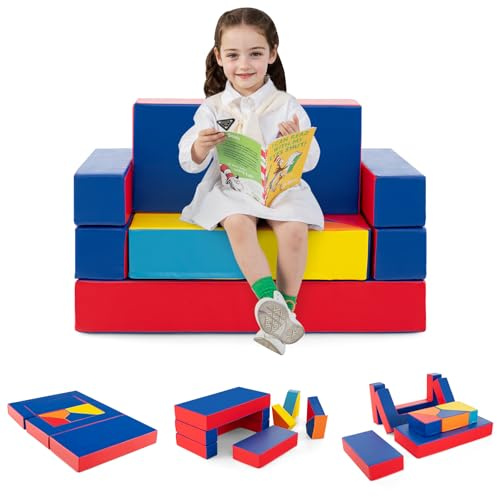 COSTWAY Kids Play Couch, 8-Piece Modular Toddler Soft Foam Playset with Removable Cover, Fold Out Convertible Children Sofa Bed for Kidsroom Bedroom