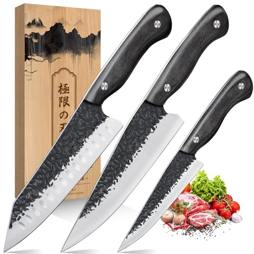 Purple Dragon Kochmesser-Set-3-teilig Professionell Messerset Küchenmesserset mit ergonomischem Griff Hochwertiger Kohlenstoffstahl umfasst Küchenmesser, Santokumesser und Schälmesser.