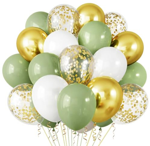 100 Globos Blanco Verde Oro,12 Globos Dorados de Látex Helio,Balloons de Confeti con Cinta para Aniversario,Bodas,Bautizo Niña, Baby Shower