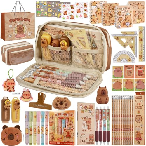 Realjoy Trousse à Crayons Capybara,60 Pièces Capybara Papeterie | Trousse Scolaire avec Carnet, Stylo Gel,Règle pour L'école,Bureau,Enfants et Les éTudiants,Cadeau de Rentrée Scolaire