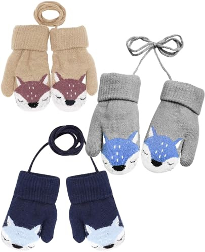 Benaewa 3 Pairs Baby Mittens, Hanging on Knitted Mittens for Girls, Boys Age 1-3 Years