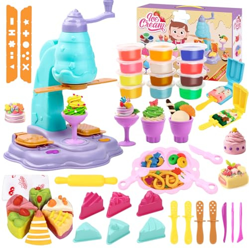 42Pcs Play Color Dough Ice Cream Set with 12 Colors Clay Dough for Kids 3+ | 12 Vibrant Non-toxic Clay Dough, 42Pcs Ice Cream Maker Dough Accessories Set, Kitchen Creations Modelling Clay Toys Tools Kit