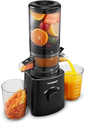 TUUMIIST Cold Press Juicer, 120MM Auto Feed Chute Juicer machines, Pre-cut Juicers for Whole Fruit and Vegetable, Slow Masticating Juicer with High Yield, 800ML Hopper with 2 Cups,Dark Black
