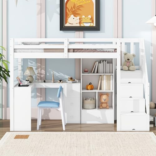 Sapgaks Lit Mezzanine Enfant 90x200 avec Bureau,Placard de Rangement Ouvert,échelle de Rangement,tiroirs,étagères,lit superposé,Cadre de lit Enfant 90x200 avec sommier à Lattes(Blanc-5)