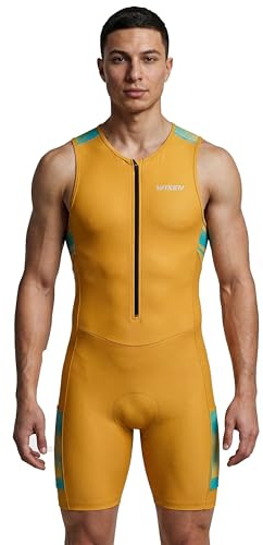 WIXEN Men’s Triathlon Suit – Sleeveless Aero Trisuit with 3D Chamois Pad, Quick Dry Compression One Piece for Swim Bike Run, Yellow, XL