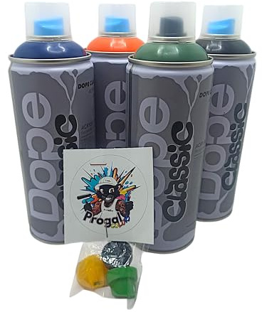 PROGAL COLORS DOPE CLASSIC - Juego de 4 Aerosoles Acrílicos para Graffiti de 400 ml, Baja Presión, 4 Colores: Naranja, Negro, Azul, Verde Oscuro con 3 Boquillas de Repuesto, Pintura Acrílica