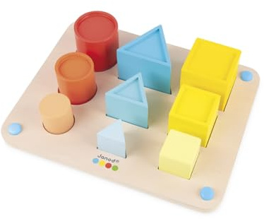 Janod - Essential - Volumes - Wooden Early Learning Educational Game 3-In-1 - Teaches Shapes and Colours - Water-based Paint - From 18 months - J05062
