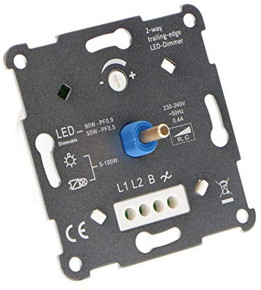 proventa® Phasenabschnittsdimmer für dimmbare Leuchtmittel, 5-90 W LED/5-100 W Halogen, mit vielen Marken kompatibel, inkl. Adapter, nur 24 mm Bauhöhe, für Wechselschaltungen geeignet