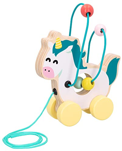 WOOMAX Mr. Wonderful - Arrastre unicornio de madera, Juguete con laberinto de cuentas, Juguetes educativos, +18 meses (48804)