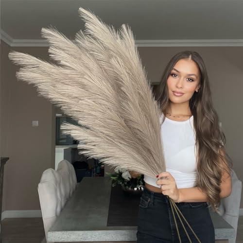 VOULUX Extra stort högt brungrå falskt konstgjort pampasgräs stort fluffigt x3 115 cm stjälkar x 18 dekorativa konstgjorda blomfjädrar för golvvaser höga brungrå växt blommor långt pampasgräs