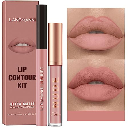 2Pcs Lip Liner y Lipstick Set, Lápiz Labial Natural Kit de Maquillaje de Labios One Step, Pigmento Aterciopelado Nude Lip Stain Impermeable Brillo de Labios de Larga Duración Set de Regalo (#08)