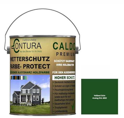 Contura Wetterschutzfarbe 2,5 Liter Holz Dauerschutzfarbe Deckend Buntlack Holzfarbe Holzlasur Seidenmatt (Holland Grün - RAL 6002 Analog)