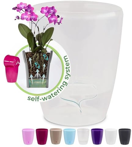 Happy Plants Orchidea - Vaso per fiori autoirrigante trasparente, con indicatore del livello dell'acqua, riserva d'acqua e fori di drenaggio (Ø12,5 cm, Ø 15 cm, Ø 16,5 cm, trasparente, Ø 15 cm, 2 l)