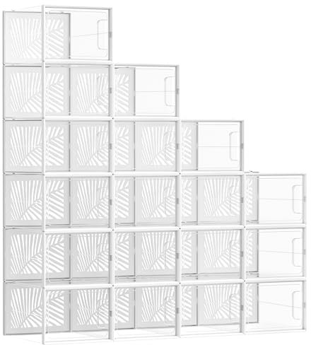 SONGMICS Clear Shoe Boxes, Set of 18 Shoe Storage Organsiers, Stackable, Breathable, and Foldable, for Max. UK Size 11.5, Display Trainers, High Heels, Transparent and White LSP108W01