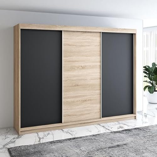 A&J MöbelLand Mero Schwebetürenschrank 200 cm, Kleiderschrank 3-türig mit 4 Schubladen (Sonoma/Schwarz)