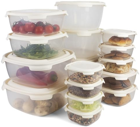 PROFUN Juego de recipientes de almacenamiento con tapa, recipientes de plástico para almacenamiento de alimentos, 16 unidades, color beige