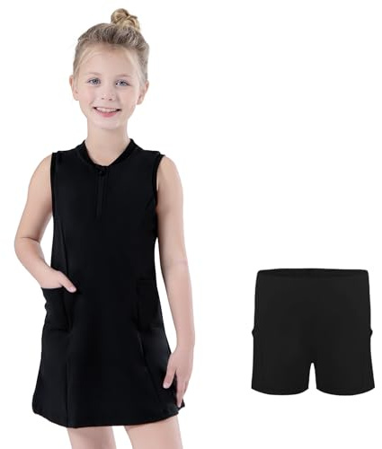 Bezioner Robe Tennis Filles Zip Robe Sport avec Short et 4 Poches Vêtements de Golf sans Manches Tenue Tennis pour Enfant