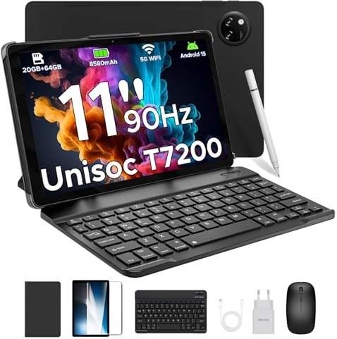 DOOGEE Tab A9+ Android 15 Tablet 11 Zoll, T7200 Octa Core 8580mAh, 20GB RAM+64GB ROM(TF 2TB), 90Hz, 13MP + 5MP Gaming Tablets mit Tastatur, Stift, Maus, Hülle, WiFi 5/WidevineL1/Face ID/OTG, Schwarz