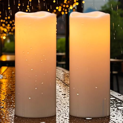 Eldnacele Candele a LED a energia solare, per esterni, impermeabili, a batteria, effetto fiamma, luce tremolante, interruttore crepuscolare auto, set da 2 pezzi (diametro 10 x 25 cm, crema)