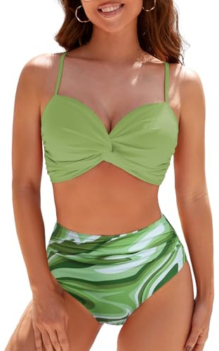 Adigaber Dam Baddräkt Tvådelad Twist Front Hög Midja Push Up Plus Storlek Badkläder