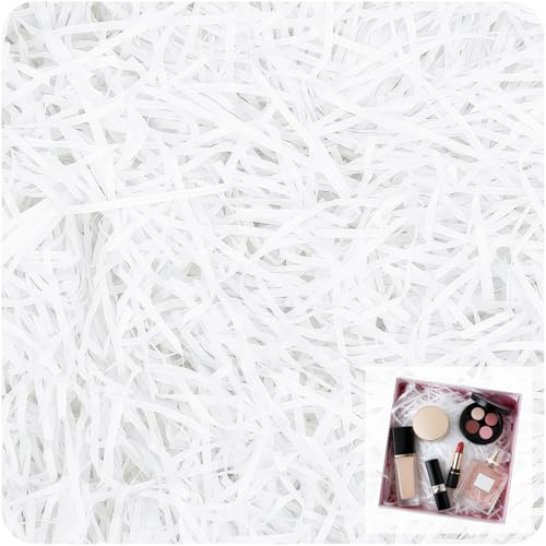 100 g strimlat papper för presentlådor vitt, 100 gram vitt mjukt strimlat papper för korgar fyllning och förpackning fyllmedel strimlor fyllningspapper till jul födelsedag baby shower presentdekor