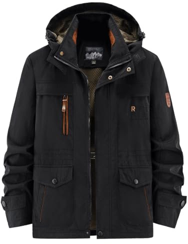 Veste Homme Mi Saison à Capuche Amovible, Parka Multi-Poches Hiver, Blouson de Travail Style Militaire, Manteau Chaud Coupe-Vent pour Randonnée Outdoor
