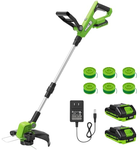 VARSK 20V String Trimmer Cordless, 12 Inch 2 in 1 Trimmer and Edger, Automatic Line Feed, Includes 2 X 2.0Ah Batteries/1 X Fast Charger/6 X Spare Spools, for Lawn, Garden, etc, Light Green