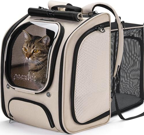 pecute Cat Backpack Expandable, Large Space Cat Carrier Backpack, Khaki